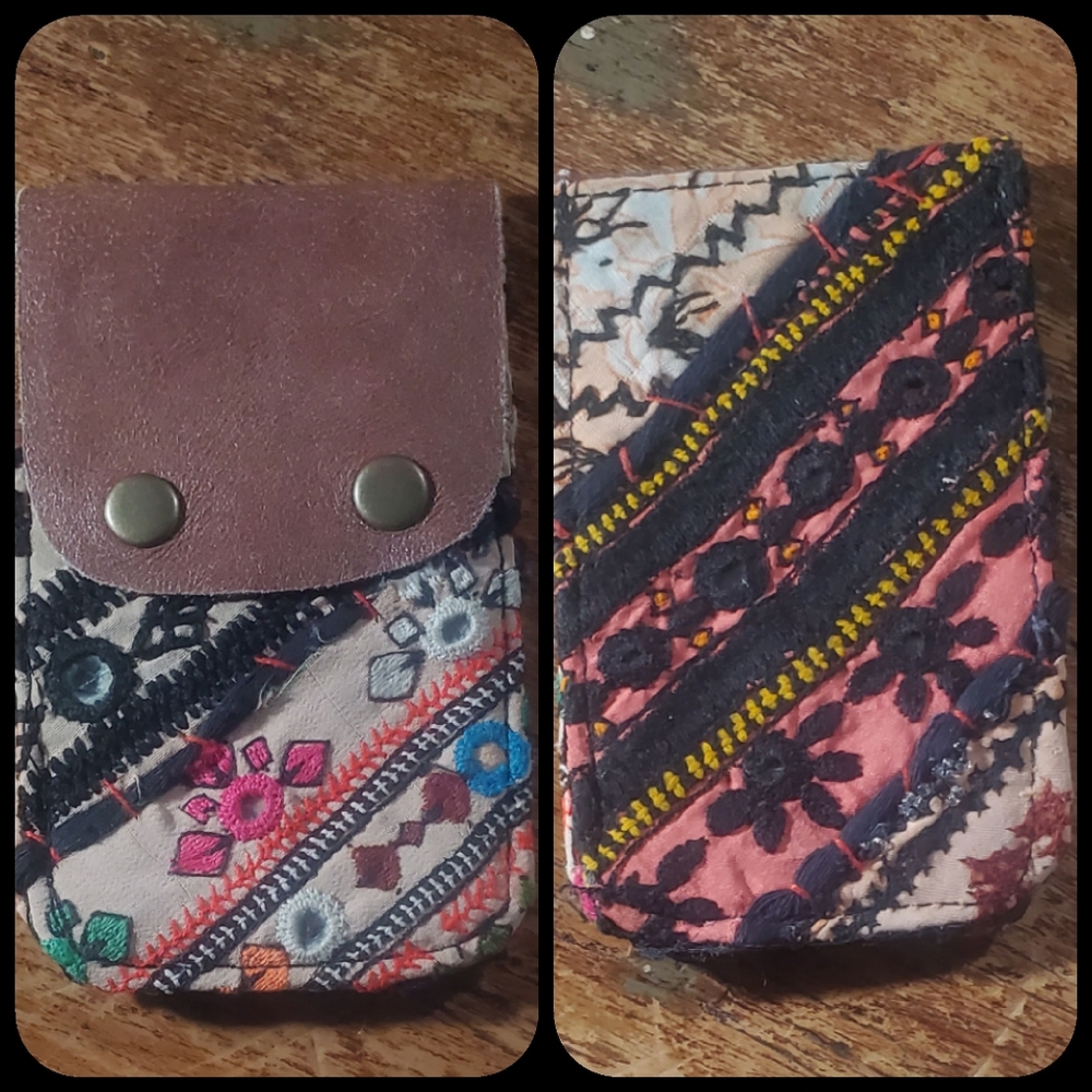 🧠🍳 Free People Boho Embroidered Repurposed vtg banjara hippie Wallet card case